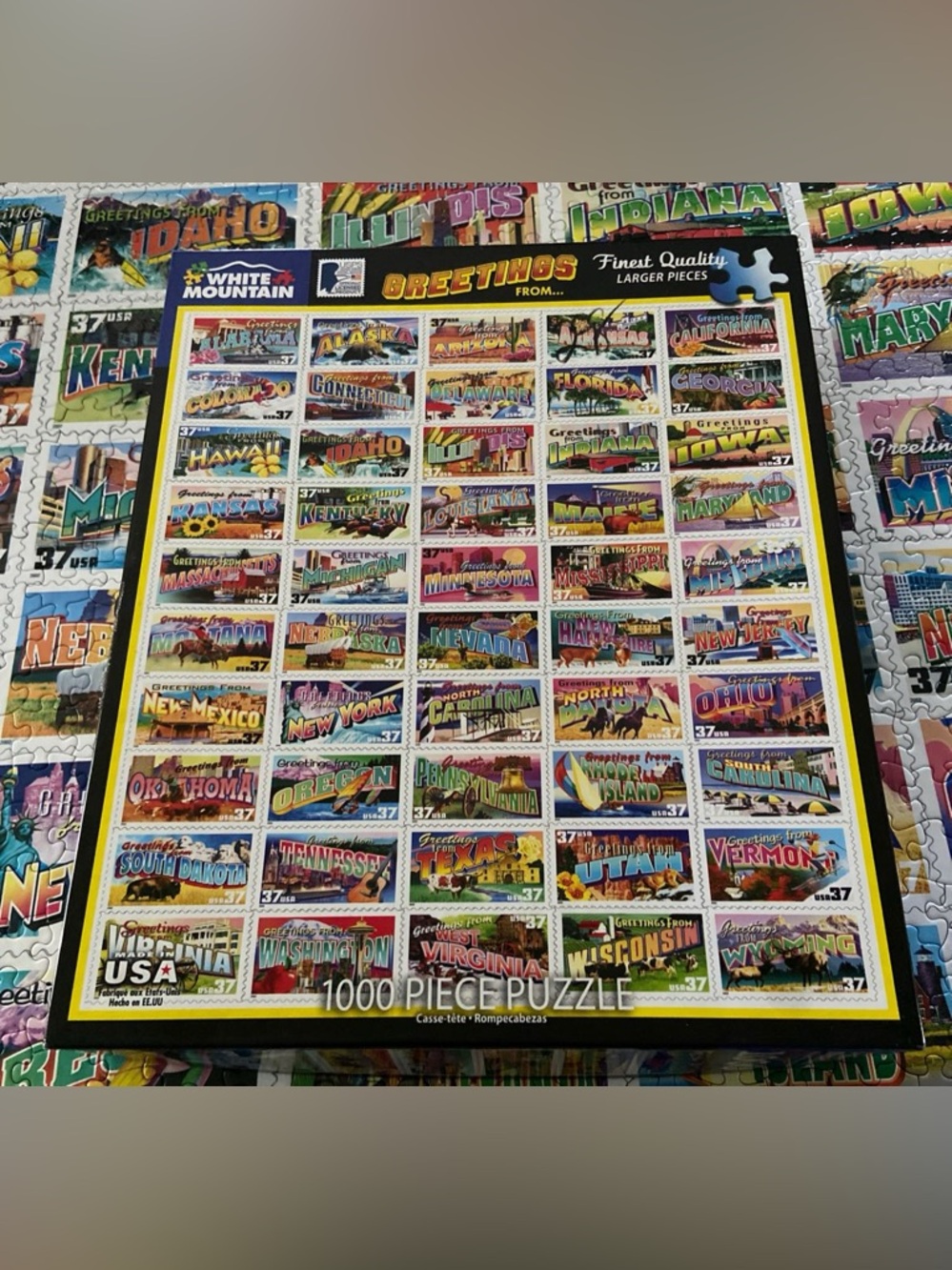 White Mountain Greetings From U.S. States Colorful Stamp Collage Puzzle